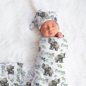 Elephant Swaddle Set, Safari Swaddle Set, Elephant Baby Blanket, Elephant Nursery Theme, Baby Blanket, Boy Elephant Blanket S56