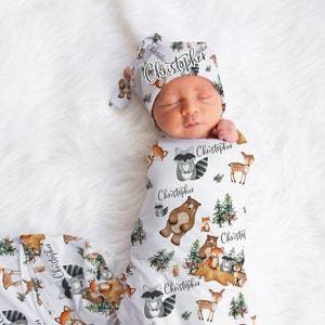 Woodland Swaddle Set, Woodland Baby Blanket, Personalized Swaddle Blanket, Woodland Animal Baby Blanket, Custom Name Blanket, Woodland W1