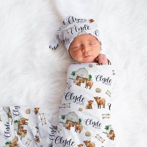 Highland Cow Swaddle Blanket, Cow Personalized Baby Blanket, Personalized Baby Blanket, Baby Shower Gift, Highland Cow Barn Swaddle Set C31