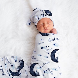 Moon Forest Swaddle Set, Personalized Moon and Stars Baby Blanket, Moon Boy Swaddle Blanket, New Baby Gift, Celestial Bedding, T15