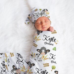 Cow Farm Swaddle Set, Cow Baby Blanket, Personalized Farm Baby Blanket, Farm Nursery Theme, Newborn Blanket, Cow Barn Blanket C43