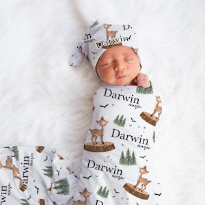 Deer Swaddle Set, Woodland Baby Blanket, Personalized Swaddle Blanket, Woodland Deer Animal Baby Blanket, Custom Name Blanket, Woodland W40