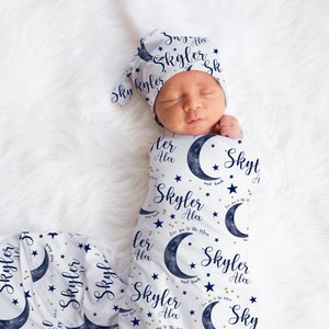 Moon Swaddle Set, Personalized Moon and Stars Baby Blanket, Moon Boy Swaddle Blanket, New Baby Gift, Love You To The Moon and Back, T10