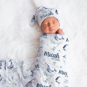 Whale Swaddle Set, Personalized Whale Baby Blanket, Shark Boy Swaddle Blanket, Under The Sea Swaddle Set, Ocean Life Blanket, Dolphin O25