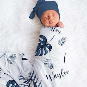 Blue Palm Leaves Baby Blanket, Tropical, Personalized Baby Blanket, Palm Leaves Theme, Newborn Coming Home Blanket, Baby Shower Gift F56