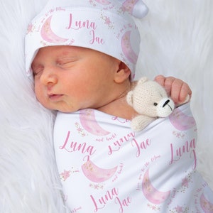 Luna Swaddle Set, manta personalizada para bebés luna y estrellas, manta para recién nacidos, nuevo regalo para bebés, ropa de cama celestial, manta Luna para niñas T20