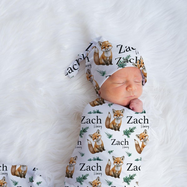 Fox Swaddle Set, Woodland Baby Blanket, Personalized Swaddle Blanket, Woodland Fox Animal Baby Blanket, Custom Name Blanket, Woodland W50