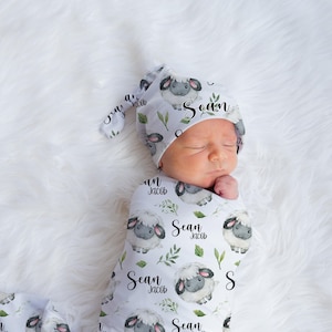 Sheep Swaddle Set, Lamb Baby Blanket, Personalized Farm Baby Blanket, Boy Farm Nursery Theme, Newborn Blanket, Greenery Sheep Blanket C26