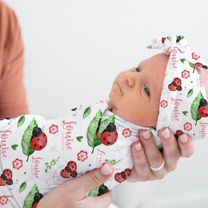 Ladybug Swaddle Set, Personalized Ladybug Baby Blanket, Ladybug Swaddle Blanket, New Baby Gift, Ladybug Nursery G50