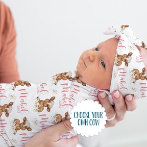 Girl Cow Farm Swaddle Set, Floral Cow Baby Blanket, Personalized Farm Baby Blanket, Farm Nursery Theme, Newborn Blanket, Cow Swaddle