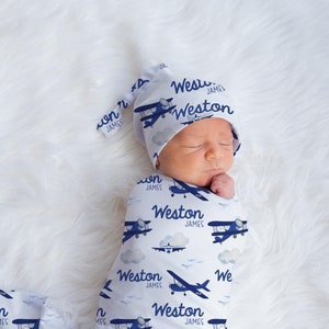 Airplane Swaddle Set, Personalized Airplane Swaddle, Adventure Nursery Theme, Newborn Blanket, Baby Shower Gift, Airplane Swaddle T52