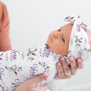 Lavender Flowers Swaddle Set, Lavender Bouquets Swaddle, Personalized Baby Blanket, Purple Violet Blanket, Violet Baby Shower Gift F89