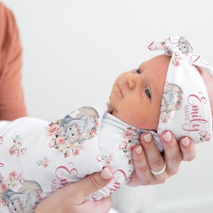 Blush Elephant Swaddle Set, Elephant Swaddle, Elephant Baby Blanket, Elephant Nursery Theme, Baby Blanket, Floral Elephant Blanket S64