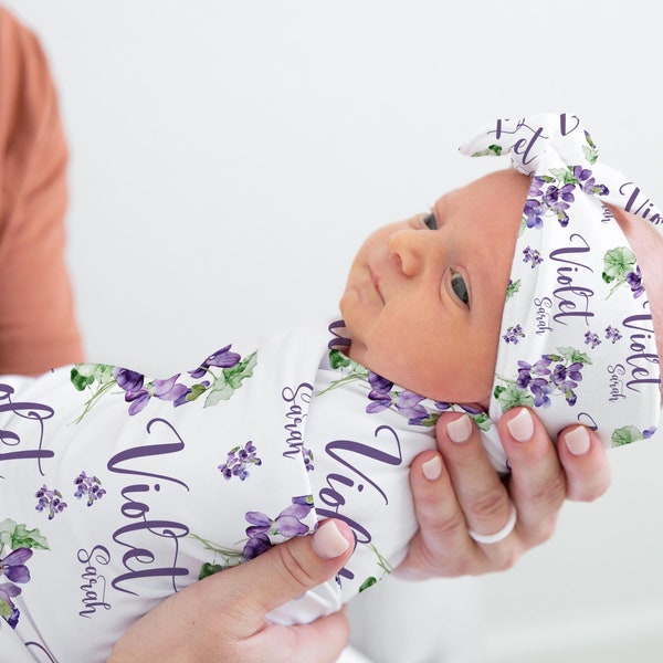 Violet Flowers Swaddle Set, Violet Flowers Swaddle, Personalized Baby Blanket, Purple Violet Blanket, Violet Baby Shower Gift F72