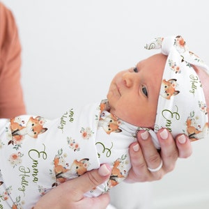 Girl Fox Swaddle Set, Woodland Baby Blanket, Personalized Swaddle Blanket, Woodland Fox Animal Baby Blanket, Fox Baby Blanket W25