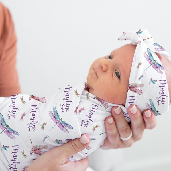 Dragonfly Swaddle Set, Lavender and Mint Dragonfly Swaddle Blanket, Dragonfly Swaddle, Personalized Dragonfly Blanket, Dragonfly Nursery G39