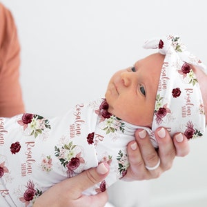 Burgundy Blush Roses Swaddle Set, Rose Floral Crib Bedding, Personalized Swaddle Baby Blanket, Rose Swaddle Set, Baby Shower Gift F87