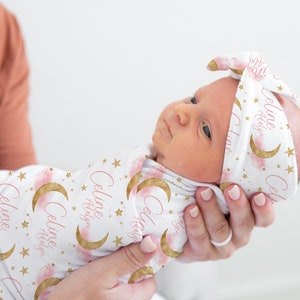 Luna Swaddle Set, Personalized Moon and Stars Baby Blanket, Newborn Swaddle Blanket, New Baby Gift, Celestial Bedding, Girl Luna Blanket T59
