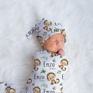 Monkey Swaddle Set, Safari Swaddle Blanket, Personalized Baby Blanket, Safari Nursery, Monkey Baby Swaddle Blanket, Baby Shower Gift S50