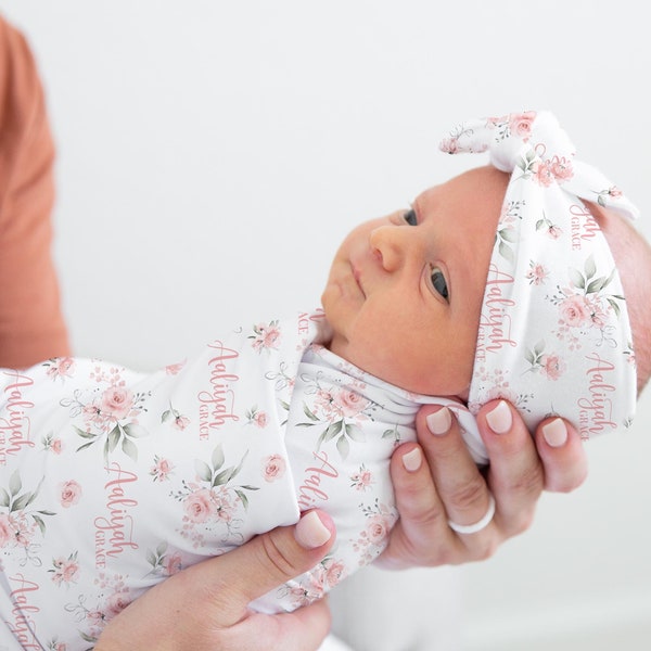 Pink Rose Swaddle Set, Blush Roses Swaddle Set, Pink Rose Baby Blanket, Rose Floral Nursery Theme, Girl Baby Shower Gift F69