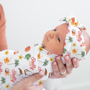 Tropical Swaddle Set, Tropical Baby Blanket, Surfer Swaddle Set, Turtle Swaddle, Personalized Baby Blanket, Palm Tree Theme G24