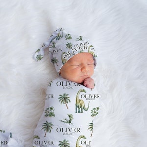 Dinosaur Swaddle Blanket Baby Swaddle Set With Name Personalized Baby Gift Swaddle Blanket Minky Blanket Knotted Hat Headband Bow Etsy