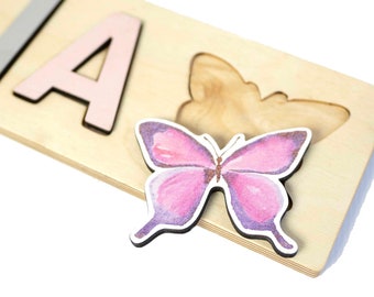 Butterfly Wood Name Puzzle, Wood Name Puzzle, Personalized Toddler Puzzle, First Birthday Gift, Wooden Puzzle, Educational Name Puzzle