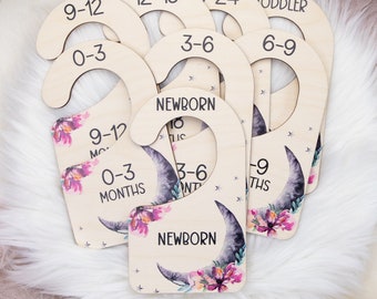 Moon Clothing Dividers, Floral Moon Baby Clothing Divider, Wood Wardrobe Divider, Nursery Closet Divider, Celestial Nursery Theme T14