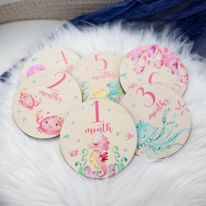 Under The Sea Milestone Cards, Baby Milestone Ocean Life Discs Marker, Wood Milestone Cards, Baby Milestones, Under The Sea Nursery Theme O5