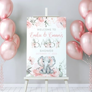 Girl Elephant Baby Shower Welcome Sign, Personalized Baby Shower Poster, Safari Baby Shower Poster, Elephant Baby Shower Decorations, S52