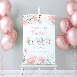 Letrero de bienvenida para baby shower con rosas rosas, póster personalizado para baby shower, póster floral para baby shower, decoración con rosas ruborizadas, F69