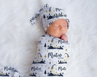 Moon Forest Swaddle Set, Personalized Moon and Stars Baby Blanket, Moon Boy Swaddle Blanket, New Baby Gift, Celestial Bedding T38