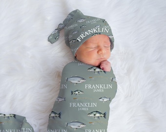 Fishing Swaddle Set, Fish Swaddle Blanket, Personalized Baby Blanket, Fishing Nursery, Fishing Baby Blanket, Fishing Swaddle Blanket