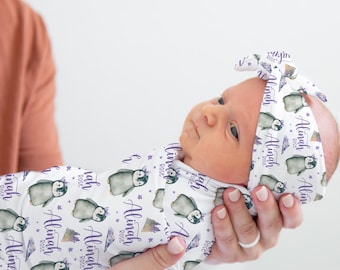 Girl Penguin Swaddle Set, Penguin Swaddle Blanket, Personalized Baby Blanket, Arctic NurseryTheme, Penguin Baby Blanket, Penguin Nursery G53