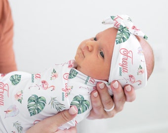 Flamingo Swaddle Set, Tropical Swaddle Set, Personalized Baby Blanket, Palm Leaves Theme, Baby Shower Gift, Flamingo Nursery Theme G22