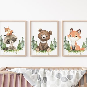Woodland Nursery Wall Art Poster, Woodland Nursery Decor, Bear Fox Raccoon Posters, Set of 3 Mailed Posters, Woodland Posters, W27