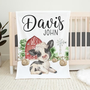 Cow Blanket, Farm Cow Personalized Baby Blanket, Farm Nursery Theme, Cow Farm Nursery, Farm Baby Shower, Red Barn Cow Blanket C39