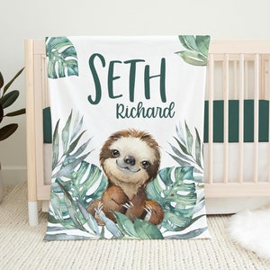 Sloth Baby Blanket, Sloth Crib Bedding, Personalized Baby Blanket, Sloth Nursery Theme, Newborn Blanket, Sloth Nursery Decor, Boy Sloth S45