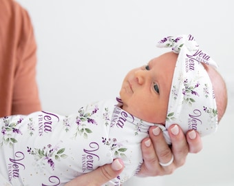 Lavender Flowers Swaddle Set, Lavender Bouquets Swaddle, Personalized Baby Blanket, Purple Violet Blanket, Violet Baby Shower Gift F89