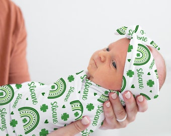 St. Patrick's Day Swaddle Set, Shamrock Rainbow Swaddle, Personalized Irish Baby Blanket, Irish Nursery Theme, Four Leaf Clover Swaddle Set