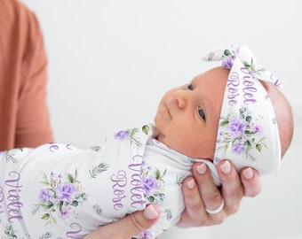 Violet Roses Swaddle Set, Roses Crib Bedding, Personalized Swaddle Baby Blanket, Purple Roses Swaddle Set, Baby Shower Gift F67