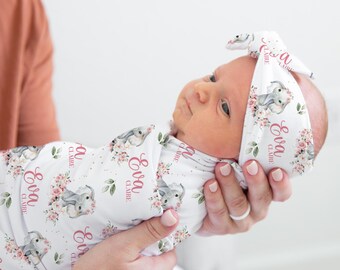 Pink Floral Elephant Swaddle Set, Elephant Swaddle, Elephant Baby Blanket, Elephant Nursery, Baby Blanket, Floral Elephant Blanket S51