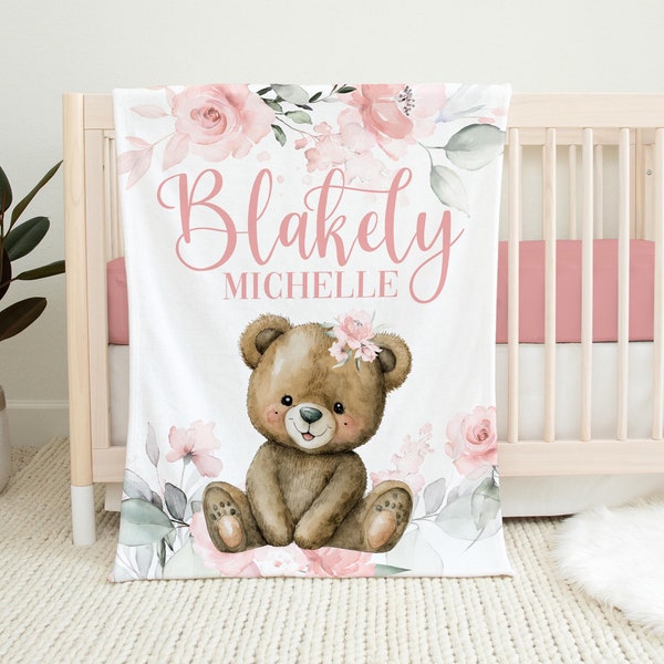 Girl Teddy Bear Baby Blanket, Pink Roses Bear, Personalized Baby Blanket, Teddy Bear Nursery Theme, Newborn Blanket, Teddy Bear Nursery G55