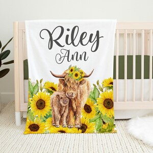 Sunflower Highland Cow Blanket, Girl Highland Cow Blanket, Personalized Baby Blanket, Farm Animal Nursery Theme, Highland Cow Nursery C19
