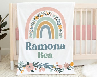 Boho Rainbow Baby Blanket, Personalized Baby Blanket, Rainbow Baby Blanket, Baby Shower Gift, Floral Rainbow Baby Blanket, Rainbow T32