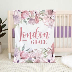 Pink Floral Girl Blanket, Rose Floral Nursery Blanket, Personalized Baby Blanket, Floral Nursery Theme, Baby Shower Gift, Pink Roses F88