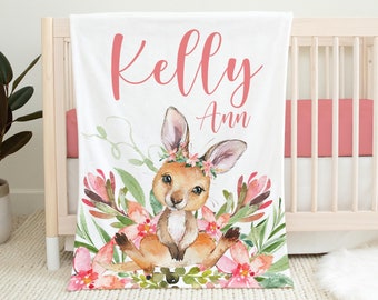 Kangaroo Blanket, Kangaroo Baby Blanket, Personalized Baby Blanket, Kangaroo Nursery Theme, Floral Kangaroo Blanket, Baby Shower Gift S43