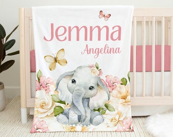 Elephant Baby Blanket, Girl Safari Blanket, Personalized Baby Blanket, Elephant Nursery, Butterfly Elephant Blanket, Baby Shower Gift S60