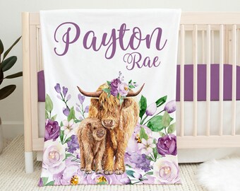Boho Highland Cow Blanket, Girl Highland Cow Blanket, Personalized Baby Blanket, Farm Animal Nursery Theme, Highland Cow Nursery C19