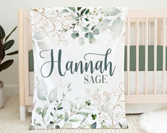 Elegant Greenery Nursery Baby Blanket, Boho Baby Blanket, New Baby Gift, Greenery and Gold Baby Blanket, Eucalyptus Floral Blanket F94